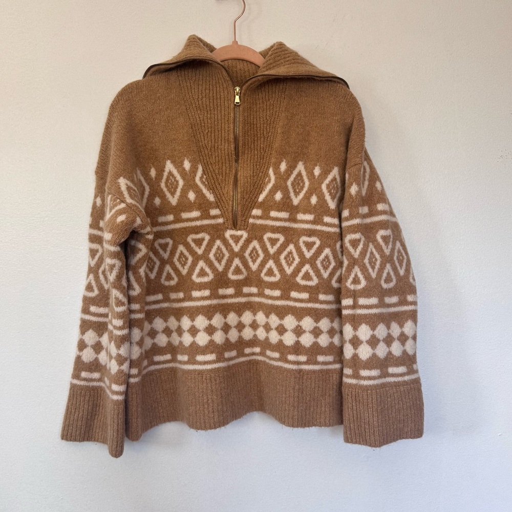 J. Crew Cozy Nordic Half-Zip Wool/Alpaca Sweater Geometric Knit Scandi Vibes XL